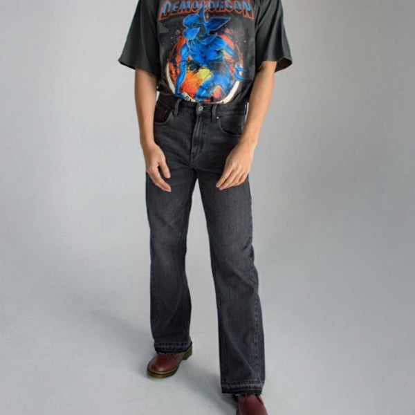 era-won กางเกงยีนส์ขาม้า รุ่น SEMI-FLARE DENIM 5 POCKET สี Dark grey wash สีเทาเข้ม-Draft