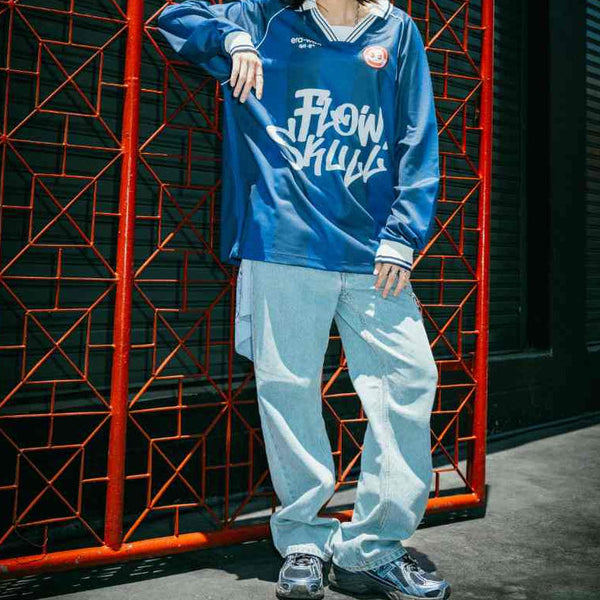 era-won กางเกงยีนส์ขายาวทรงกระบอก สำหรับคุณผู้ชาย CURVE DENIM สีอ่อน ปักกระเป๋าลาย FLOWSKULL
