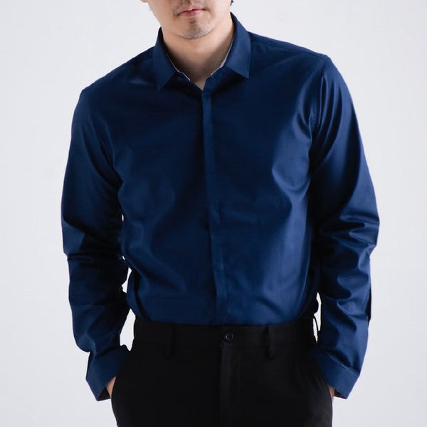era-won เสื้อเชิ้ตรุ่น QUIET LUXURY SHIRT LONG MEN SLIM HIDDEN BUTTON COLLAR ทรง DRESS SHIRT สี Navy