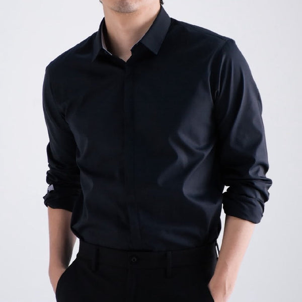 era-won เสื้อเชิ้ตรุ่น QUIET LUXURY SHIRT LONG MEN SLIM HIDDEN BUTTON COLLAR ทรง DRESS SHIRT สี Black