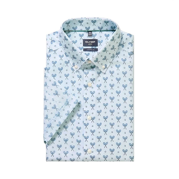 OLYMP LUXOR SHIRT เสื้อเชิ้ตผู้ชายแขนสั้น ทรงตรง  MODERN FIT สีฟ้า พิมพ์ลาย AUTU26