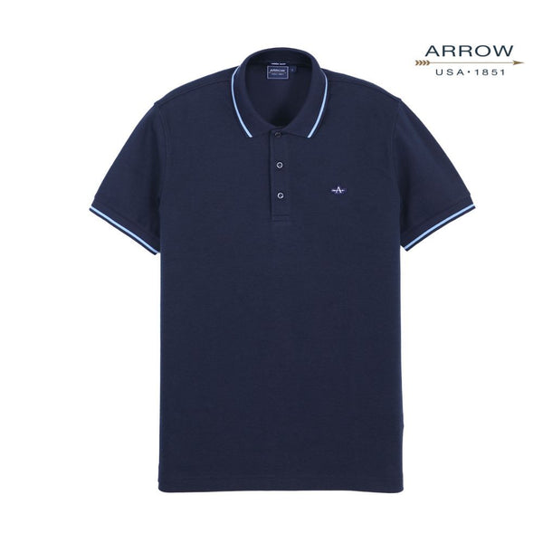 ARROW POLO เสื้อโปโลสีพื้น ปกทอขลิบ แขนรัดขลิบ ไม่มีกระเป๋า ทรง MODERN SMART สี กรมท่า รหัส MPCM881A6-NV