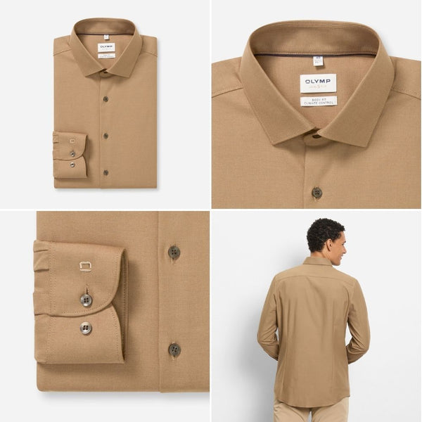 OLYMP LEVEL FIVE SHIRT เสื้อเชิ้ตผู้ชายแขนยาว ทรงพอดีตัว Body fit สีน้ำตาล SPRI26 ICCSHOPPING