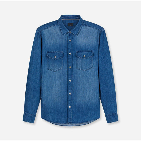 OLYMP CASUAL SHIRT เสื้อเชิ้ตผู้ชายแขนยาว  ผ้ายีนส์  สีน้ำเงิน  ทรง Casual regular fit  AUTU26 ICCSHOPPING