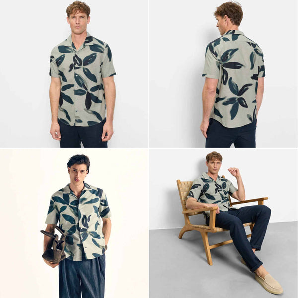 OLYMP CASUAL SHIRT เสื้อเชิ้ตฮาวาย ผู้ชายแขนสั้น ทรง Casual regular fit สีเขียว พิมพ์ลายใบไม้   AUTU26 ICCSHOPPING