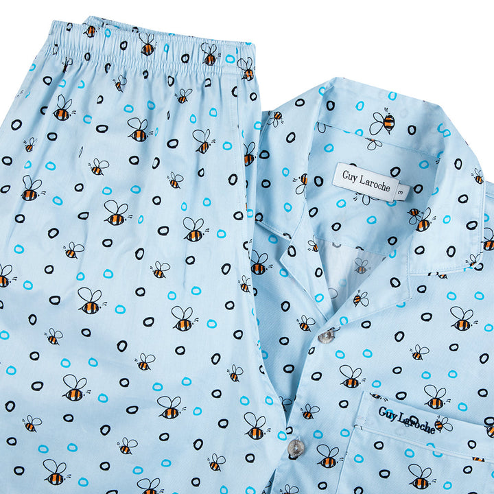 Guy Laroche ชุดนอน (แขนสั้น ขายาว) ลายพิมพ์ Cotton 100% สีฟ้า Guy Laroche