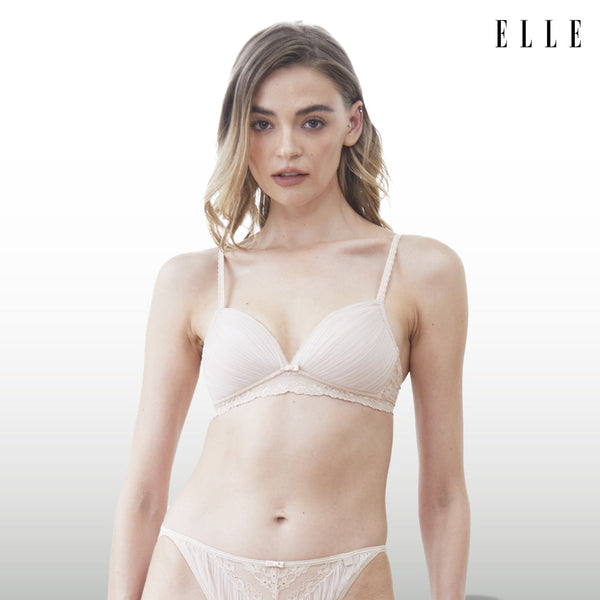 ELLE lingerie Moulded bra ยกทรงไร้โครงเต้าสามเหลี่ยมแต่งพลีทและผ้าลูกไม้ สีเบจ (LB6721) Elle