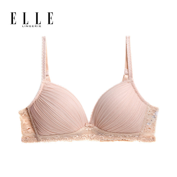 ELLE lingerie Moulded bra ยกทรงไร้โครงเต้าสามเหลี่ยมแต่งพลีทและผ้าลูกไม้ สีเบจ (LB6721) Elle