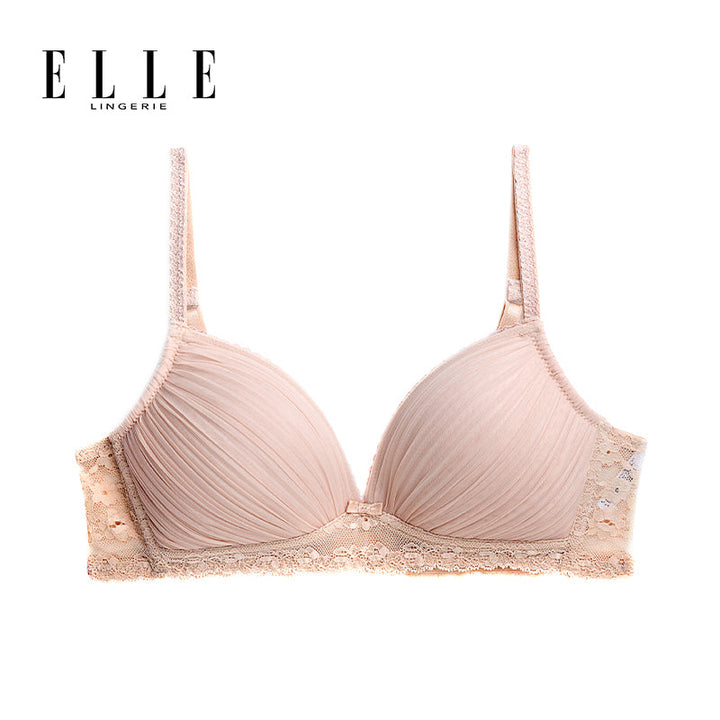 ELLE lingerie Moulded bra ยกทรงไร้โครงเต้าสามเหลี่ยมแต่งพลีทและผ้าลูกไม้ สีเบจ (LB6721) Elle