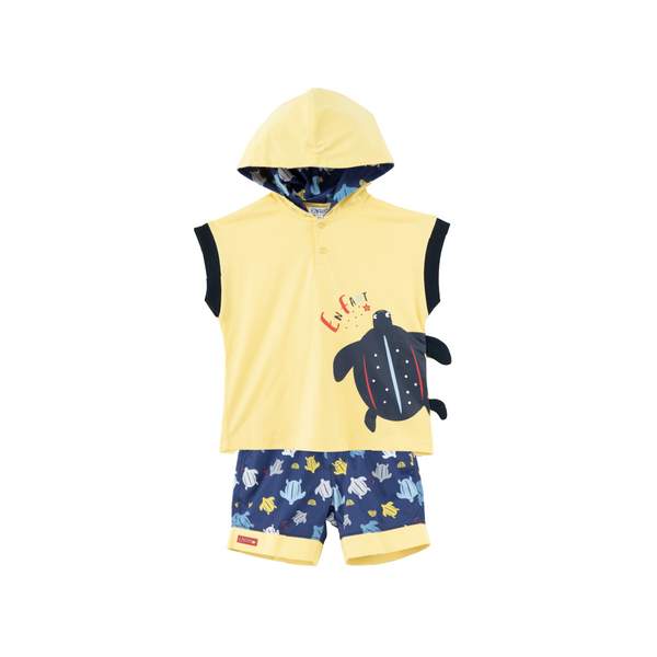 ENFANT อองฟองต์ เสื้อฮู้ดแขนกุด + กางเกงสามส่วน คอลเลกชั่น เต่าทะเล พิมพ์ลายเต่ามะเฟือง ผ้าคอตตอนผสมผ้าซาติน 6 เดือน - 8 ปี สีเหลือง