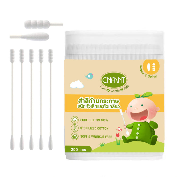 Enfant อองฟองต์ Cotton Buds สำลีก้านกระดาษ ชนิดหัวเล็กและหัวเกลียว บรรจุ 200 ก้าน ENFANT