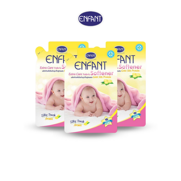 Enfant อองฟองต์ Extra Care Fabric Softener Gold Silk Protein ผลิตภัณฑ์ปรับผ้านุ่มสำหรับเด็กแรกเกิดและถนอมผิวบอบบาง สูตรผสม Gold Silk Protein 700 ml. 1แพ็ค/3ซอง ENFANT